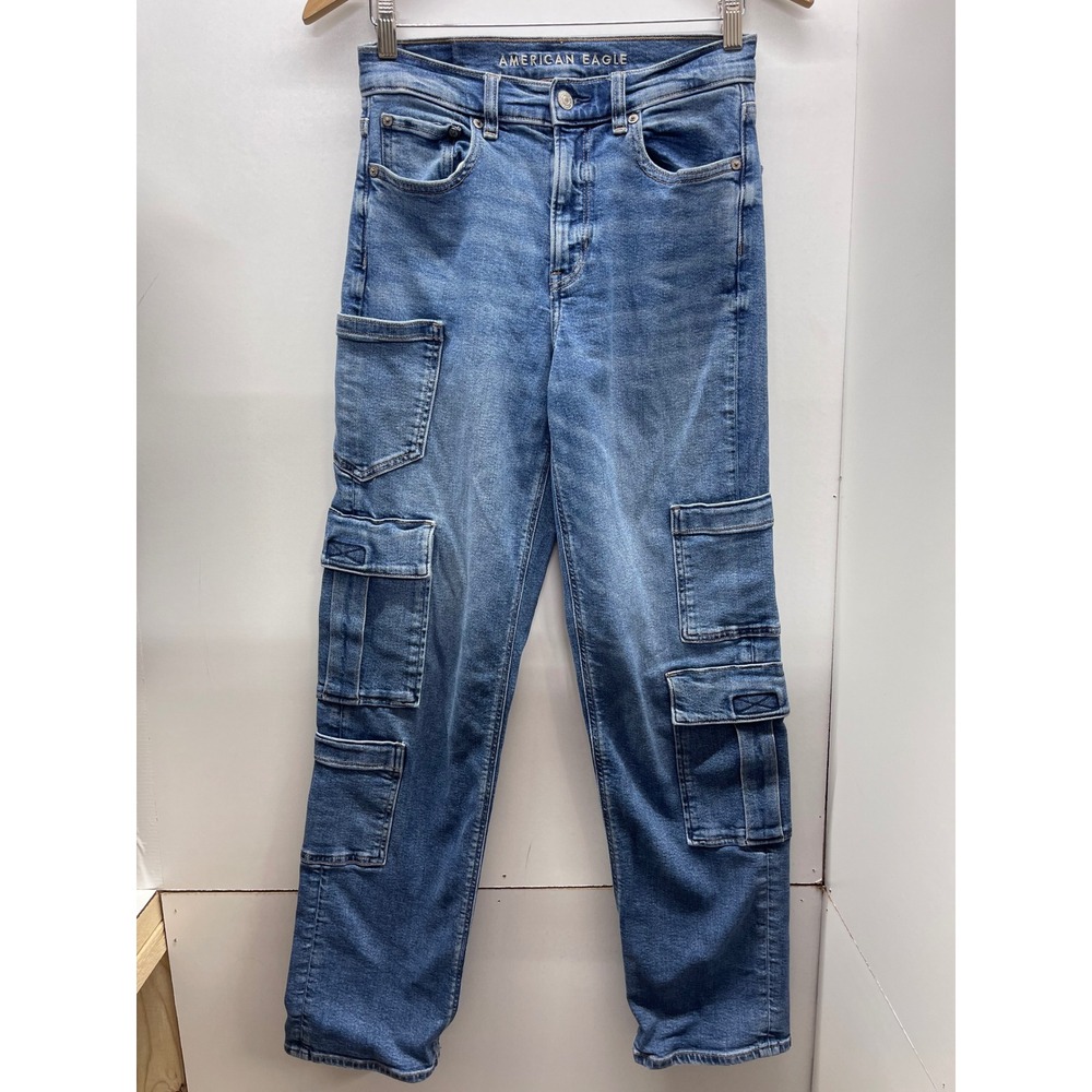 American Eagle Super High-Rise Baggy Straight Cargo Jeans Blue Size 2 Regular